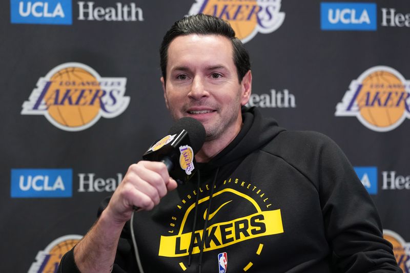 Nov 18, 2025; Los Angeles, California, USA; Los Angeles Lakers head coach JJ Redick at press conference at Crypto.com Arena. Mandatory Credit: Kirby Lee-Imagn Images