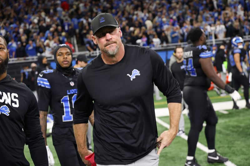 Nov 23, 2025; Detroit, Michigan, USA; Detroit Lions head coach Dan Campbell exits the field after the game against the New York Giants at Ford Field. Mandatory Credit: David Reginek-Imagn Images