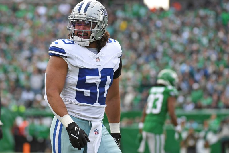 Dec 29, 2024; Philadelphia, Pennsylvania, USA; Dallas Cowboys linebacker Eric Kendricks (50) against the Philadelphia Eagles at Lincoln Financial Field. Mandatory Credit: Eric Hartline-Imagn Images