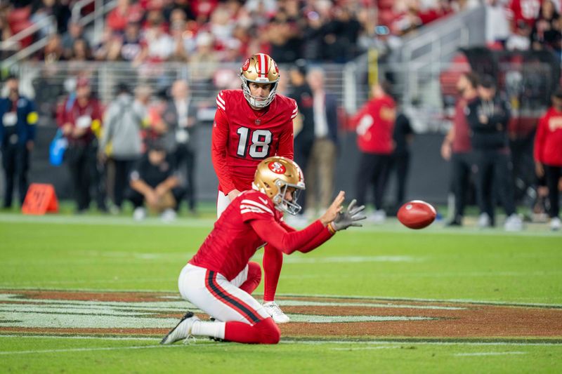 October 19, 2025; Santa Clara, California, USA; San Francisco 49ers kicker Eddy Pineiro (18) during the second quarter against the Atlanta Falcons at Levi's Stadium. Mandatory Credit: Kyle Terada-Imagn Images