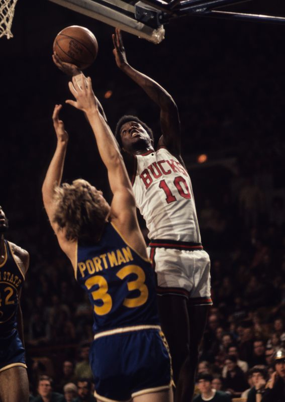 Unknown date and unknown location; USA; FILE PHOTO; Milwaukee Bucks forward Bob Dandridge (10) against Golden State Warriors forward Bob Portman (33). Mandatory Credit: Malcolm Emmons-USA TODAY Network.