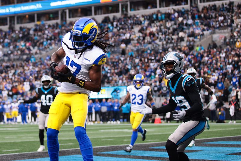 Nov 30, 2025; Charlotte, North Carolina, USA; Los Angeles Rams wide receiver Davante Adams (17) makes a catch for a touchdown during the second quarter against the Carolina Panthers at Bank of America Stadium. Mandatory Credit: Scott Kinser-Imagn Images