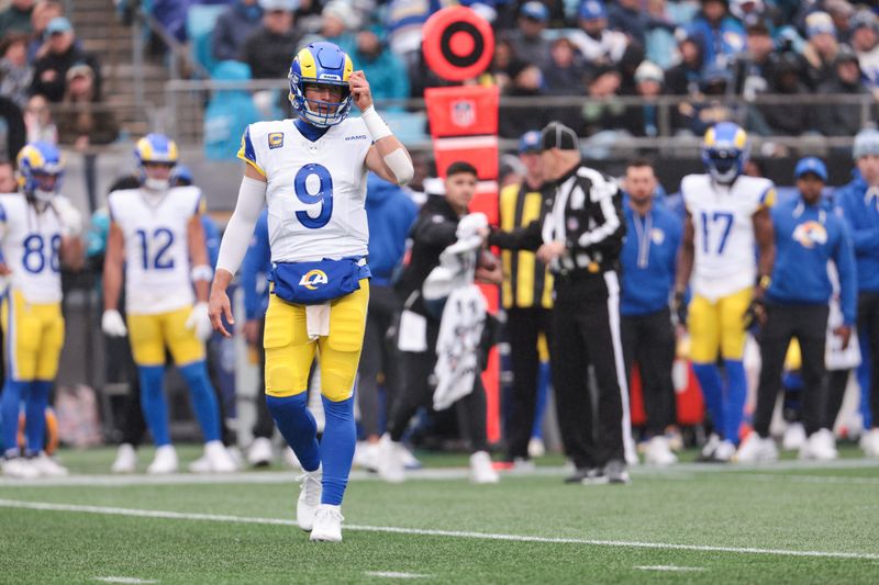 Nov 30, 2025; Charlotte, North Carolina, USA; Los Angeles Rams quarterback Matthew Stafford (9) looks on during the second quarter against the Carolina Panthers at Bank of America Stadium. Mandatory Credit: Scott Kinser-Imagn Images