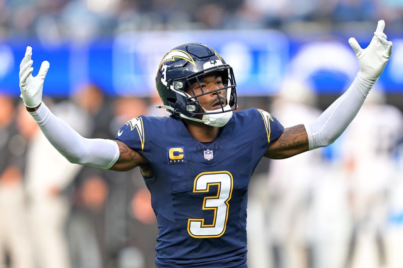 Nov 30, 2025; Inglewood, California, USA; Los Angeles Chargers safety Derwin James Jr. (3) reacts against the Las Vegas Raiders during the first half at SoFi Stadium. Mandatory Credit: Jayne Kamin-Oncea-Imagn Images
