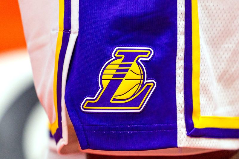Nov 14, 2025; New Orleans, Louisiana, USA; Detailed view of the Los Angeles Lakers logo against the New Orleans Pelicans during the second half at Smoothie King Center. Mandatory Credit: Stephen Lew-Imagn Images