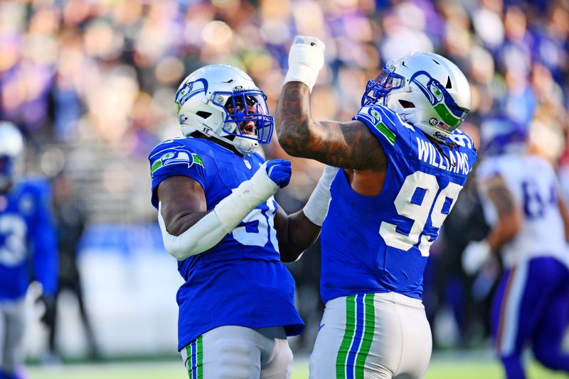 Nov 30, 2025; Seattle, Washington, USA; Seattle Seahawks defensive end Leonard Williams (99) celebrates after a sack against Minnesota Vikings quarterback Max Brosmer (12) during the first half at Lumen Field. Mandatory Credit: Steven Bisig-Imagn Images