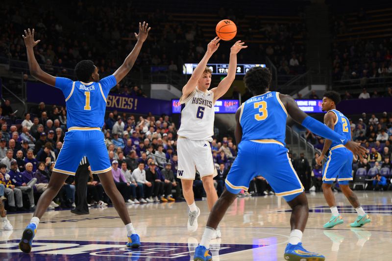 Dec 3, 2025; Seattle, Washington, USA; Washington Huskies forward Hannes Steinbach (6) passes the ball against the UCLA Bruins during the first half at Alaska Airlines Arena at Hec Edmundson Pavilion. Mandatory Credit: Steven Bisig-Imagn Images