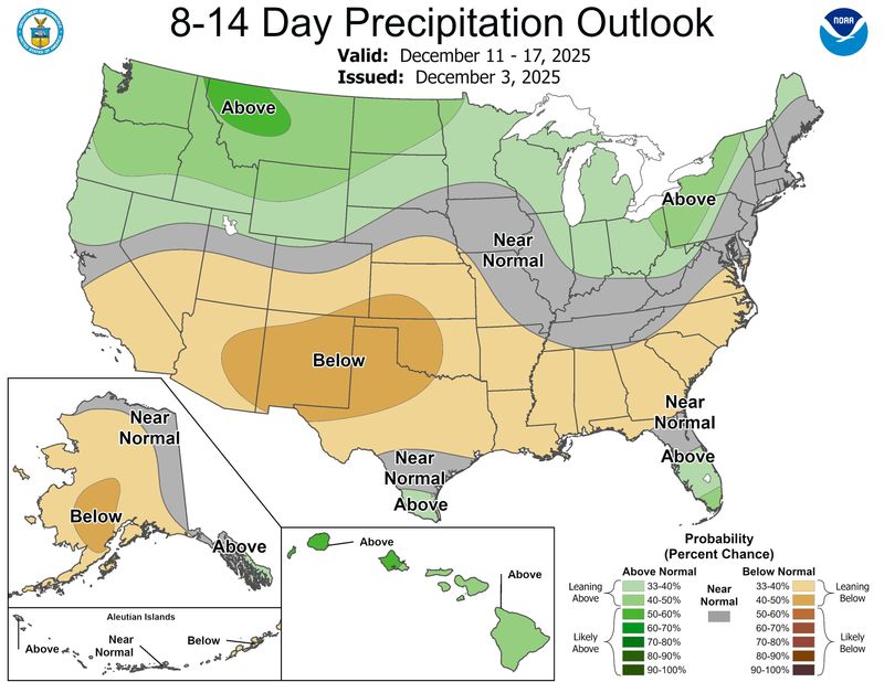 NOAA's weather outlook show a dry mid-December for the southern half of the state and light to average rain for the northern half.