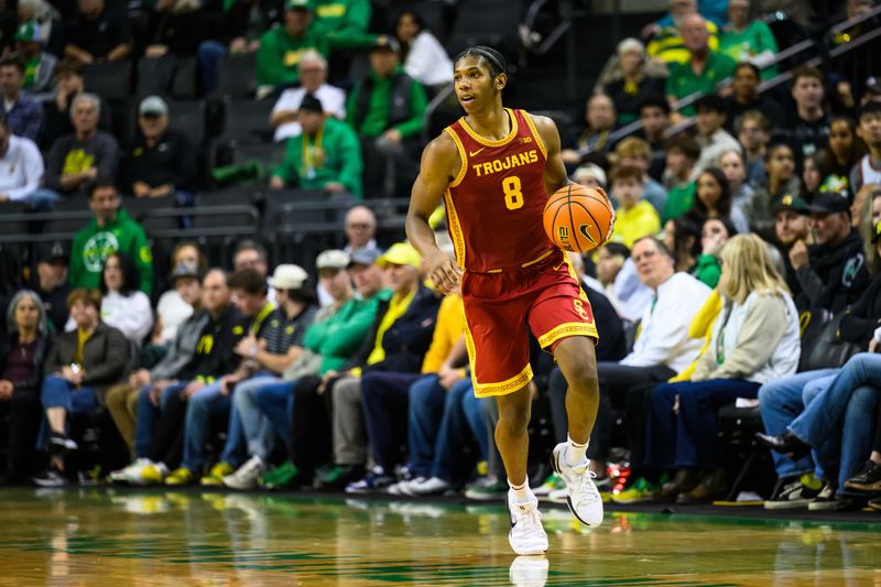 Dec 2, 2025; Eugene, Oregon, USA; Southern California Trojans guard Jerry Easter II (8) dribbles the ball during the second half against the Oregon Ducks at Matthew Knight Arena. Mandatory Credit: Craig Strobeck-Imagn Images