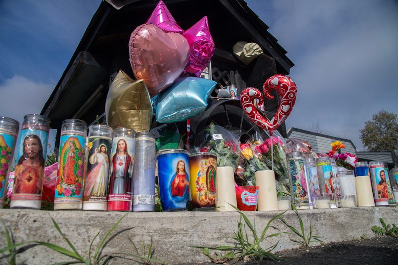 A roadside memorial is seen here on Dec. 4, 2025 in front of the banquet hall where a mass shooting killed 4 and injured 13 others at a banquet hall at 1955 Lucile Avenue Stockton on Nov. 29.