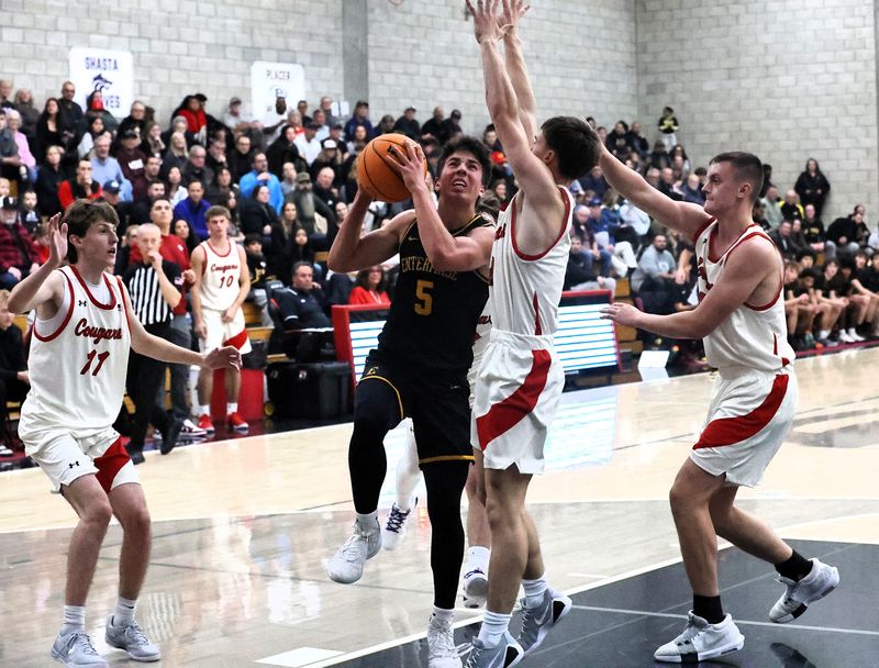 Enterprise’s Julian Turner goes up with the ball during the Enterprise-Foothill game at the Harlan Carter Invitational on Dec. 5, 2025. Enterprise won 66-56.