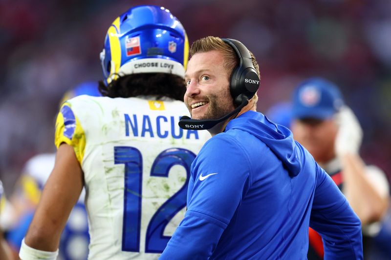 Dec 7, 2025; Glendale, Arizona, USA; Los Angeles Rams head coach Sean McVay reacts during the second half at State Farm Stadium. Mandatory Credit: Mark J. Rebilas-Imagn Images