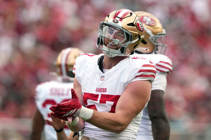 Sep 28, 2025; Santa Clara, California, USA; San Francisco 49ers linebacker Luke Gifford (57) during the second quarter against the Jacksonville Jaguars at Levi's Stadium. Mandatory Credit: Darren Yamashita-Imagn Images