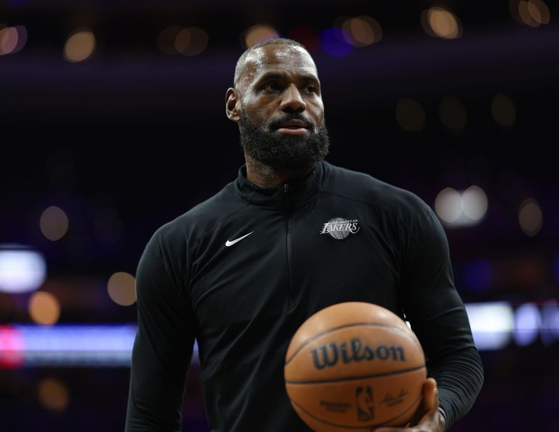 Dec 7, 2025; Philadelphia, Pennsylvania, USA; Los Angeles Lakers Lebron James before a game against the Philadelphia 76ers at Xfinity Mobile Arena. Mandatory Credit: Bill Streicher-Imagn Images