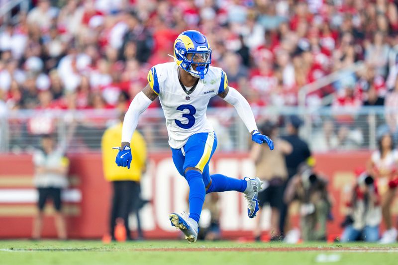 November 9, 2025; Santa Clara, California, USA; Los Angeles Rams safety Kam Curl (3) during the fourth quarter against the San Francisco 49ers at Levi's Stadium. Mandatory Credit: Kyle Terada-Imagn Images