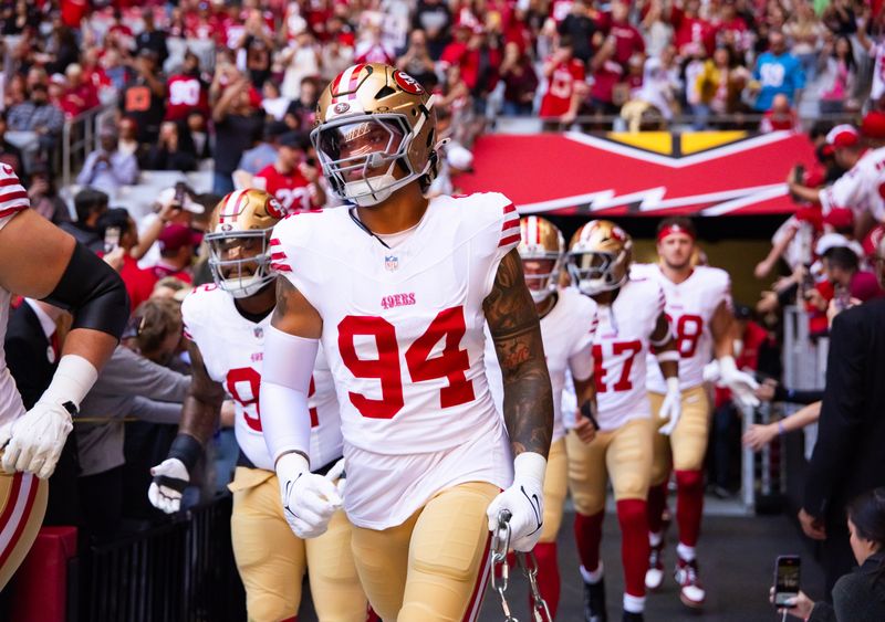 Jan 5, 2025; Glendale, Arizona, USA; San Francisco 49ers defensive end Yetur Gross-Matos (94) against the Arizona Cardinals at State Farm Stadium. Mandatory Credit: Mark J. Rebilas-Imagn Images