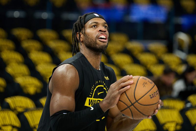 Nov 21, 2025; San Francisco, California, USA; Golden State Warriors guard Buddy Hield (7) warms up before the game against the Portland Trail Blazers at Chase Center. Mandatory Credit: Robert Edwards-Imagn Images