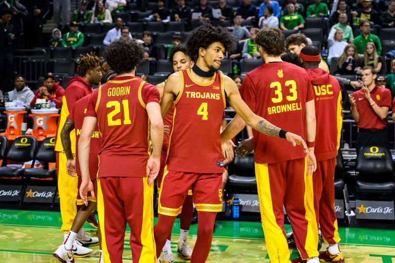 Dec 2, 2025; Eugene, Oregon, USA; Southern California Trojans forward Chad Baker-Mazara (4) is introduced before the game against the Oregon Ducks at Matthew Knight Arena. Mandatory Credit: Craig Strobeck-Imagn Images