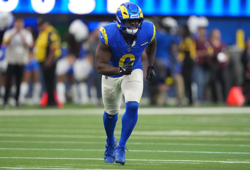 Dec 14, 2025; Inglewood, California, USA; Los Angeles Rams linebacker Byron Young (0) is seen during the fourth quarter against the Detroit Lions at SoFi Stadium. Mandatory Credit: Kirby Lee-Imagn Images