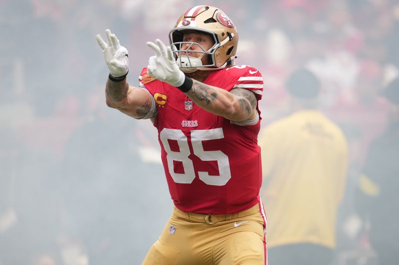 Dec 14, 2025; Santa Clara, California, USA; San Francisco 49ers tight end George Kittle (85) enters the field prior to the first half against the Tennessee Titans at Levi's Stadium. Mandatory Credit: Cary Edmondson-Imagn Images