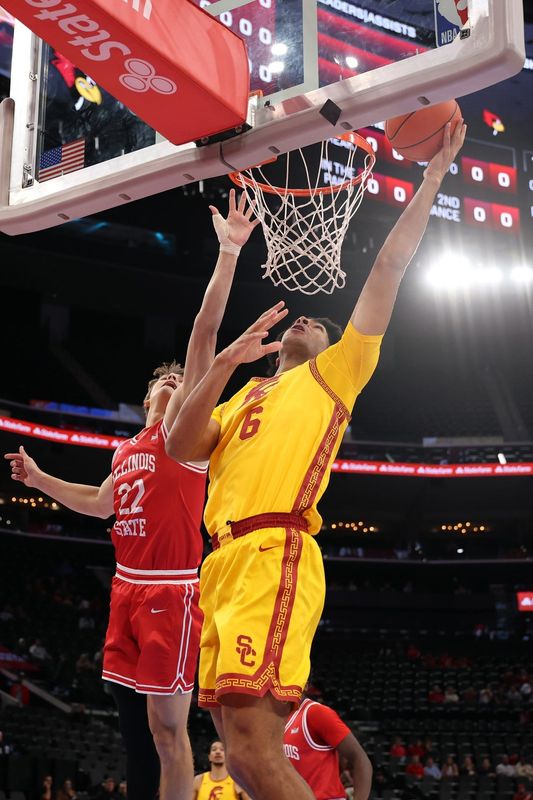 Nov 14, 2025; Inglewood, California, USA; Southern California Trojans forward Jacob Cofie (6) goes to the basket against Illinois State Redbirds guard Ty Pence (22) during the first half of the Hall of Fame Series game at Intuit Dome. Mandatory Credit: Kiyoshi Mio-Imagn Images