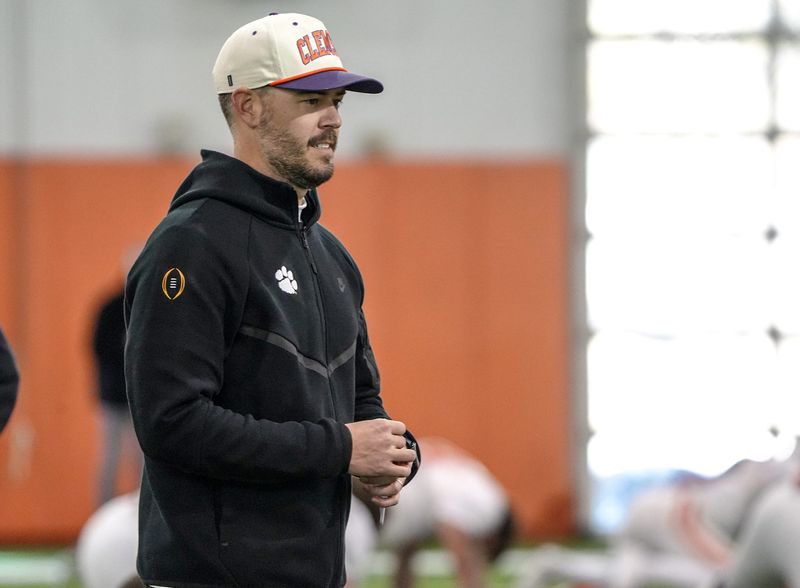 Clemson offensive coordinator Garrett Riley during the Pinstipe Bowl practice in Clemson, S.C. Monday, Dec. 15, 2025.