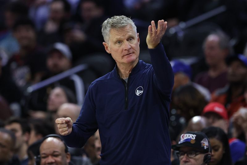Dec 4, 2025; Philadelphia, Pennsylvania, USA; Golden State Warriors head coach Steve Kerr reacts during the third quarter against the Philadelphia 76ers at Xfinity Mobile Arena. Mandatory Credit: Bill Streicher-Imagn Images