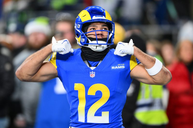 Dec 18, 2025; Seattle, Washington, USA; Los Angeles Rams wide receiver Puka Nacua (12) warms up before the game against the Seattle Seahawks at Lumen Field. Mandatory Credit: Steven Bisig-Imagn Images