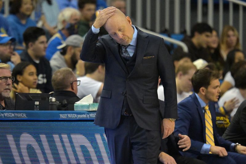 Dec 19, 2025; Los Angeles, California, USA; UCLA Bruins head coach Mick Cronin reacts on the sideline during the second half against the Cal Poly Mustangs at Pauley Pavilion presented by Wescom Financial. Mandatory Credit: Jayne Kamin-Oncea-Imagn Images