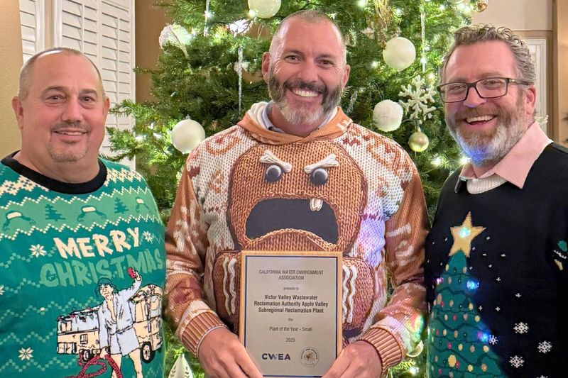 Plant of the Year Award, left to right, Victor Valley Wastewater Reclamation Authority General Manager Darron Poulsen, Director of Operations and Maintenance Kody Tompkins, Past California Water Environment Association President Chuck Greely.