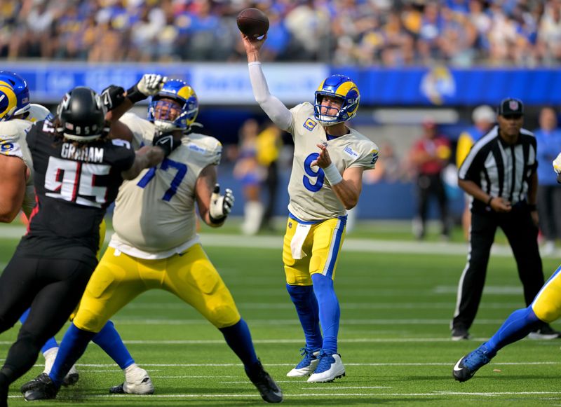Sep 18, 2022; Inglewood, California, USA; Los Angeles Rams quarterback Matthew Stafford (9) throws a pass in the second half against the Los Angeles Rams at SoFi Stadium. Mandatory Credit: Jayne Kamin-Oncea-USA TODAY Sports