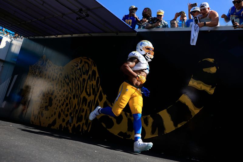 Los Angeles Chargers middle linebacker Denzel Perryman (6) enters the field before the first quarter of an NFL football game at EverBank Stadium, Sunday, Nov. 16, 2025 in Jacksonville, Fla. The Jacksonville Jaguars defeated the Los Angeles Chargers 35-6. [Corey Perrine/Florida Times-Union]