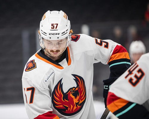 Coachella Valley Firebirds forward Jagger Firkus is seen during a game on Wednesday, Dec. 17, 2025 inside Acrisure Arena in Palm Desert, Calif.