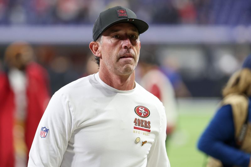 Dec 22, 2025; Indianapolis, Indiana, USA; San Francisco 49ers head coach Kyle Shanahan leaves the field after the game against the Indianapolis Colts at Lucas Oil Stadium. Mandatory Credit: Trevor Ruszkowski-Imagn Images