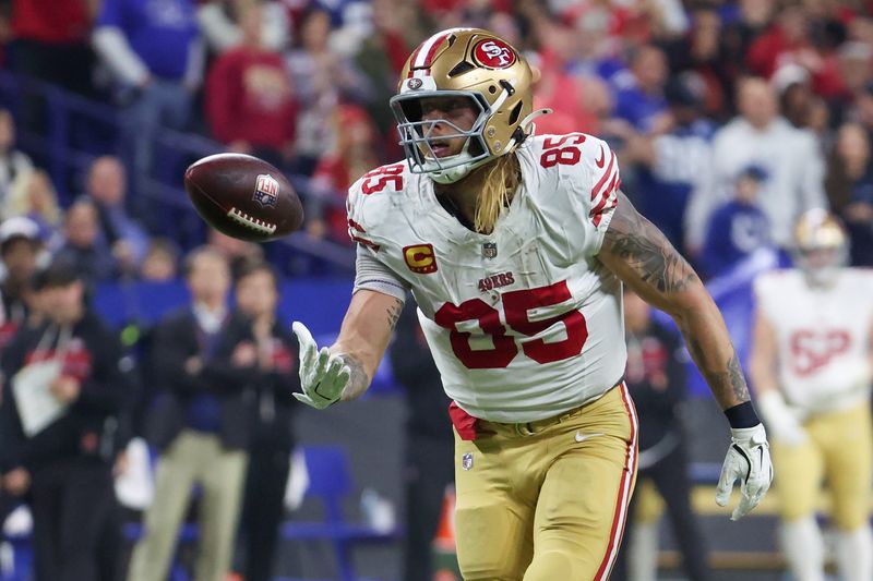 Dec 22, 2025; Indianapolis, Indiana, USA; San Francisco 49ers tight end George Kittle (85) reacts after a play against the Indianapolis Colts in the second quarter of the game at Lucas Oil Stadium. Mandatory Credit: Trevor Ruszkowski-Imagn Images
