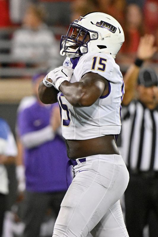 Sep 5, 2025; Louisville, Kentucky, USA; James Madison Dukes defensive end Sahir West (15) reacts during the second half against the Louisville Cardinals at L&N Federal Credit Union Stadium. Mandatory Credit: Jamie Rhodes-Imagn Images
