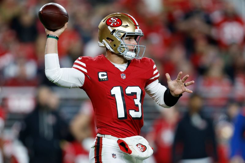 Dec 28, 2025; Santa Clara, California, USA; San Francisco 49ers quarterback Brock Purdy (13) throws a pass against the Chicago Bears in the first half at Levi's Stadium. Mandatory Credit: Sergio Estrada-Imagn Images