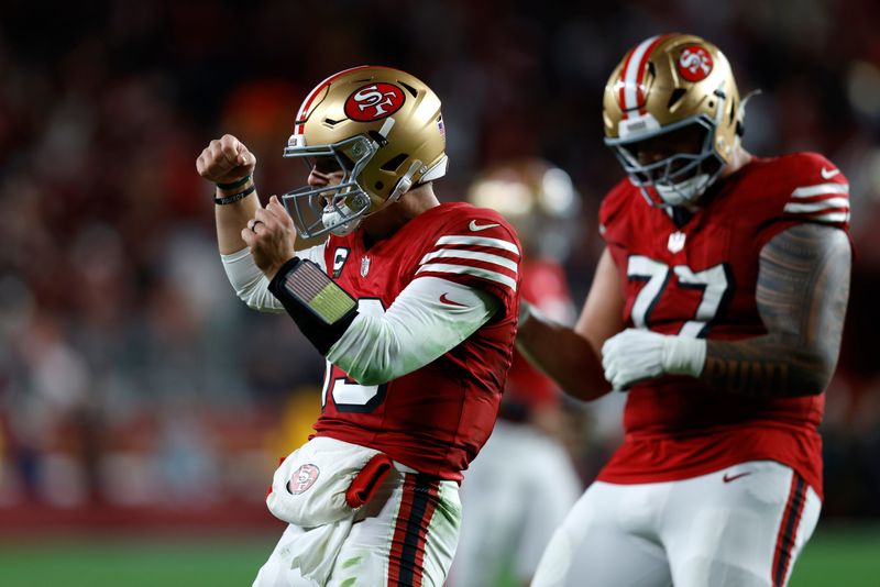 Dec 28, 2025; Santa Clara, California, USA; San Francisco 49ers quarterback Brock Purdy (13) celebrates in the second half against the Chicago Bears at Levi's Stadium. Mandatory Credit: Sergio Estrada-Imagn Images
