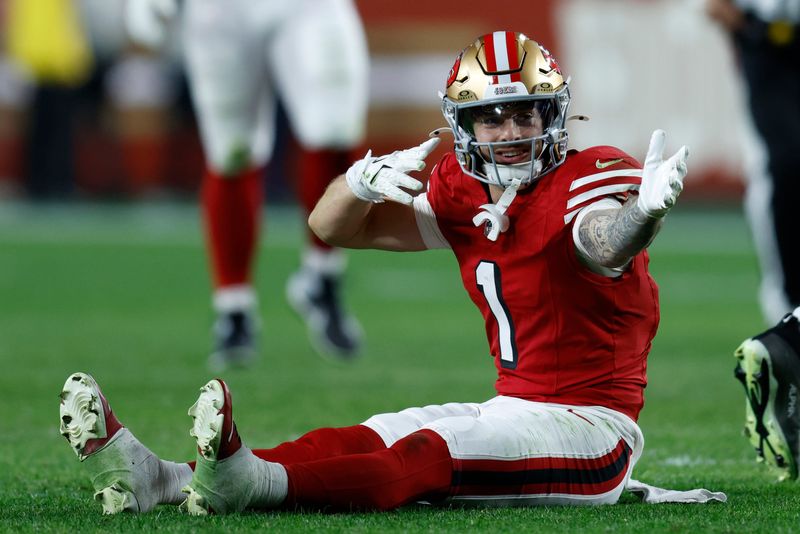 Dec 28, 2025; Santa Clara, California, USA; San Francisco 49ers wide receiver Ricky Pearsall (1) celebrates in the first half against the Chicago Bears at Levi's Stadium. Mandatory Credit: Sergio Estrada-Imagn Images