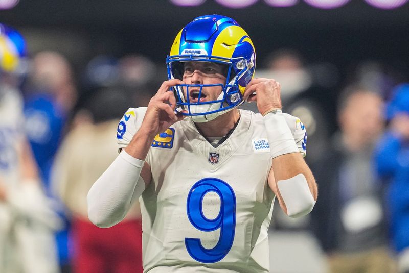 Dec 29, 2025; Atlanta, Georgia, USA; Los Angeles Rams quarterback Matthew Stafford (9) shown on the field prior to the game against the Atlanta Falcons at Mercedes-Benz Stadium. Mandatory Credit: Dale Zanine-Imagn Images