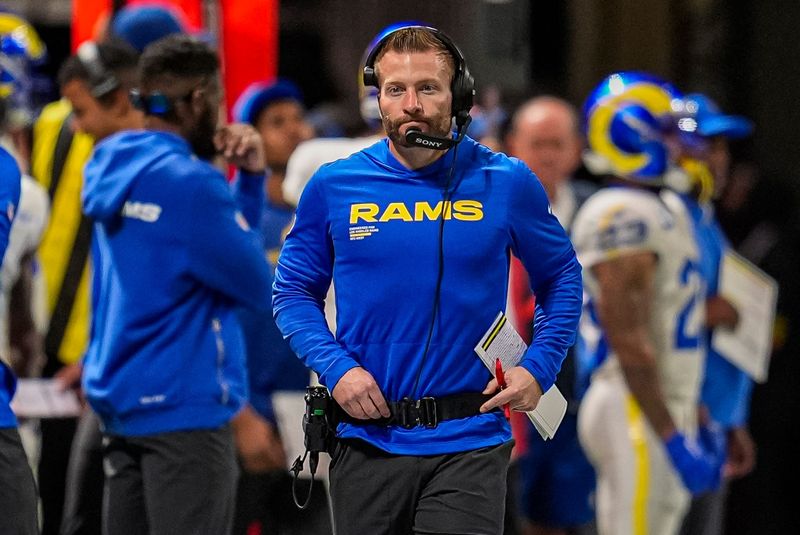 Dec 29, 2025; Atlanta, Georgia, USA; Los Angeles Rams head coach Sean McVay reacts on the sideline against the Atlanta Falcons during the first half at Mercedes-Benz Stadium. Mandatory Credit: Dale Zanine-Imagn Images
