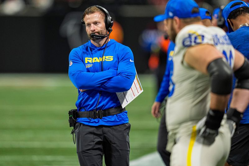 Dec 29, 2025; Atlanta, Georgia, USA; Los Angeles Rams head coach Sean McVay reacts on the sidelines during the game against the Atlanta Falcons at Mercedes-Benz Stadium. Mandatory Credit: Dale Zanine-Imagn Images