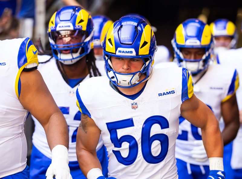 Dec 7, 2025; Glendale, Arizona, USA; Los Angeles Rams linebacker Shaun Dolac (56) against the Arizona Cardinals at State Farm Stadium. Mandatory Credit: Mark J. Rebilas-Imagn Images