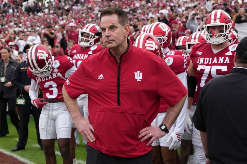 Jan 1, 2026; Pasadena, CA, USA; Indiana Hoosiers head coach Curt Cignetti looks on before the 2026 Rose Bowl and quarterfinal game of the College Football Playoff against the Alabama Crimson Tide at Rose Bowl Stadium. Mandatory Credit: Kirby Lee-Imagn Images