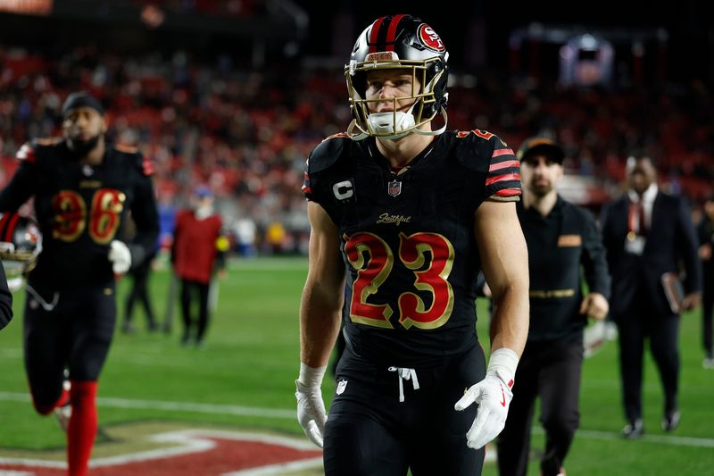 Jan 3, 2026; Santa Clara, California, USA; San Francisco 49ers running back Christian McCaffrey (23) reacts after the game against the Seattle Seahawks at Levi's Stadium. Mandatory Credit: Sergio Estrada-Imagn Images