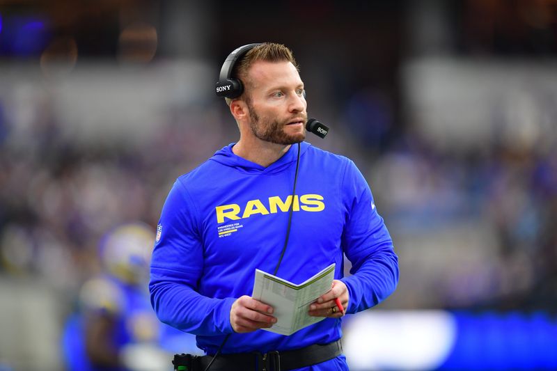 Jan 4, 2026; Inglewood, California, USA; Los Angeles Rams head coach Sean McVay stands on the sidelines against the Arizona Cardinals during the first half at SoFi Stadium. Mandatory Credit: Gary A. Vasquez-Imagn Images