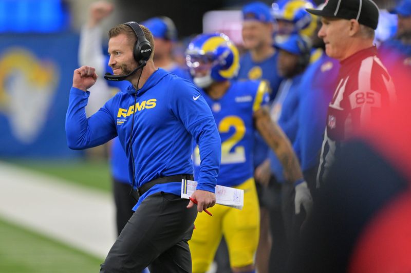 Jan 4, 2026; Inglewood, California, USA; Los Angeles Rams head coach Sean McVay reacts after a touchdown against the Arizona Cardinals during the second half at SoFi Stadium. Mandatory Credit: Jayne Kamin-Oncea-Imagn Images