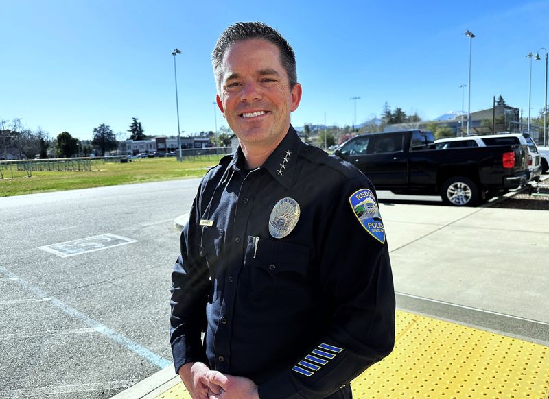 Redding Police Chief Brian Barner poses outside police headquarters on March 7, 2025 near Redding City Hall.