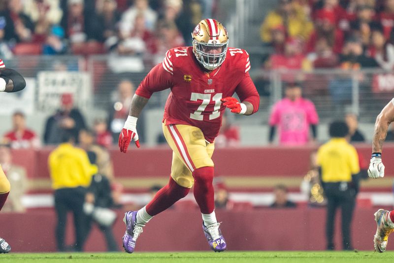 November 24, 2025; Santa Clara, California, USA; San Francisco 49ers offensive tackle Trent Williams (71) during the first quarter against the Carolina Panthers at Levi's Stadium. Mandatory Credit: Kyle Terada-Imagn Images