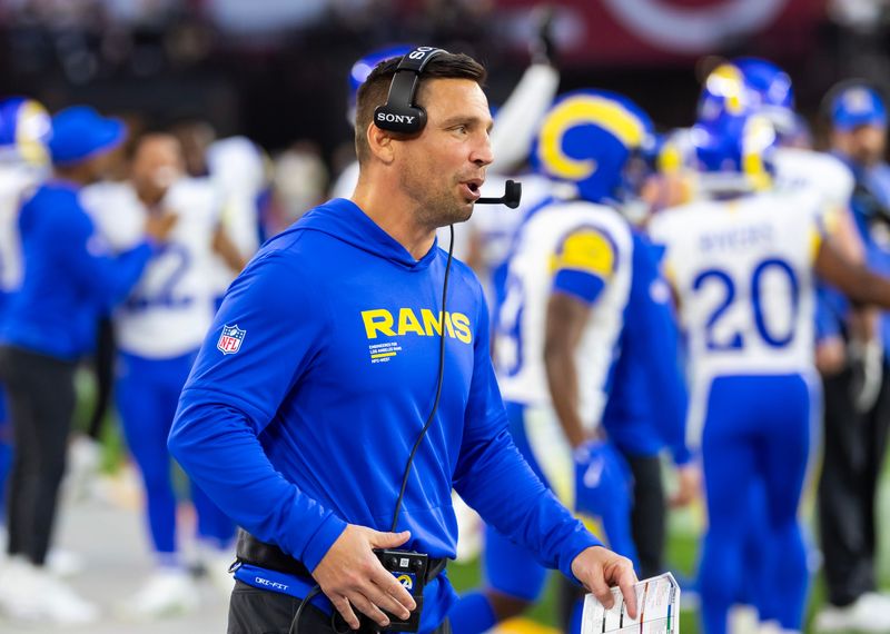 Dec 7, 2025; Glendale, Arizona, USA; Los Angeles Rams defensive coordinator Chris Shula against the Arizona Cardinals at State Farm Stadium.